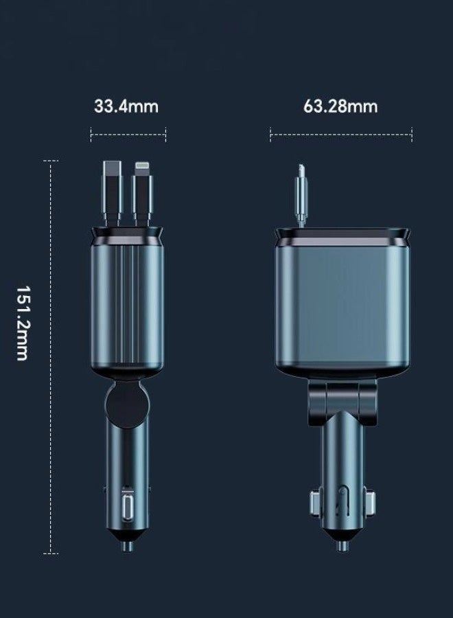 هابينسين شاحن سيارة سريع من النوع C بقوة 120 واط، شاحن سيارة 4 في 1 USB PD، شحن سريع من النوع C مع كابل قابل للسحب بطول 0.8 متر، شحن سريع بدون تشابك، مصنوع من مادة البولي كربونات المقاومة للحريق، إضاءة باردة، حماية من الحرارة الزائدة، متوافق مع ماك بوك برو، آيباد، آيفون، جالاكسي، شاومي وغيرها (رمادي) - Image 3