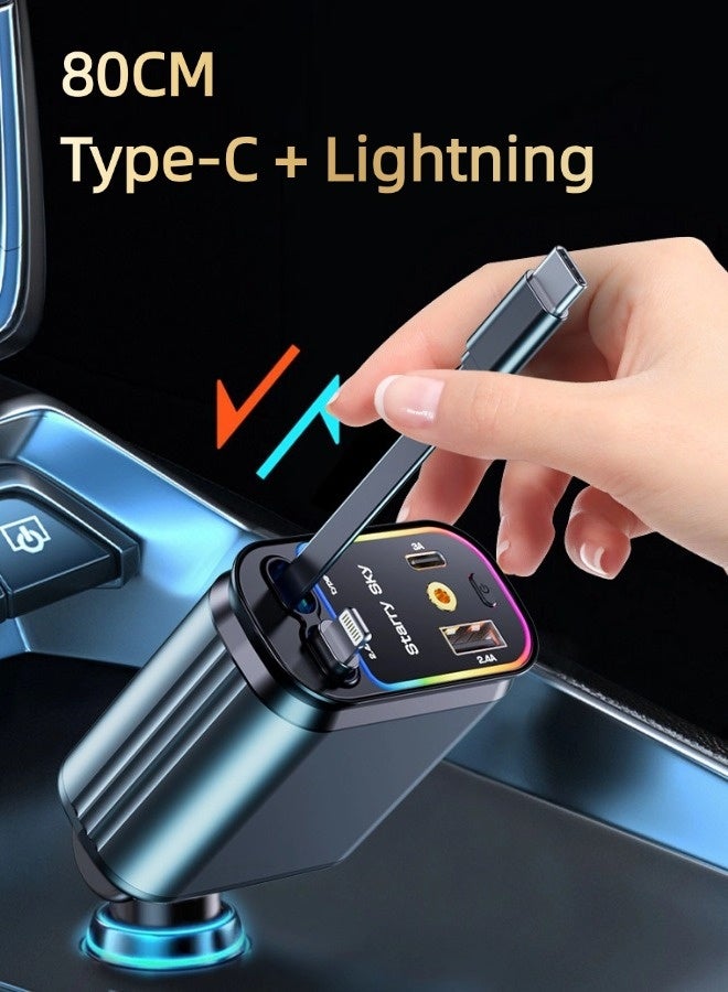 هابينسين شاحن سيارة سريع من النوع C بقوة 120 واط، شاحن سيارة 4 في 1 USB PD، شحن سريع من النوع C مع كابل قابل للسحب بطول 0.8 متر، شحن سريع بدون تشابك، مصنوع من مادة البولي كربونات المقاومة للحريق، إضاءة باردة، حماية من الحرارة الزائدة، متوافق مع ماك بوك برو، آيباد، آيفون، جالاكسي، شاومي وغيرها (رمادي) - Image 2