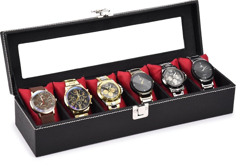 STORESHINE Men's and Women's Leatherette Watch organizer holder Case for 6 Watches in Black Maroon Color, Removable Watch Pillows, Watch Box Holder, Gift for Loved Ones - Image 1