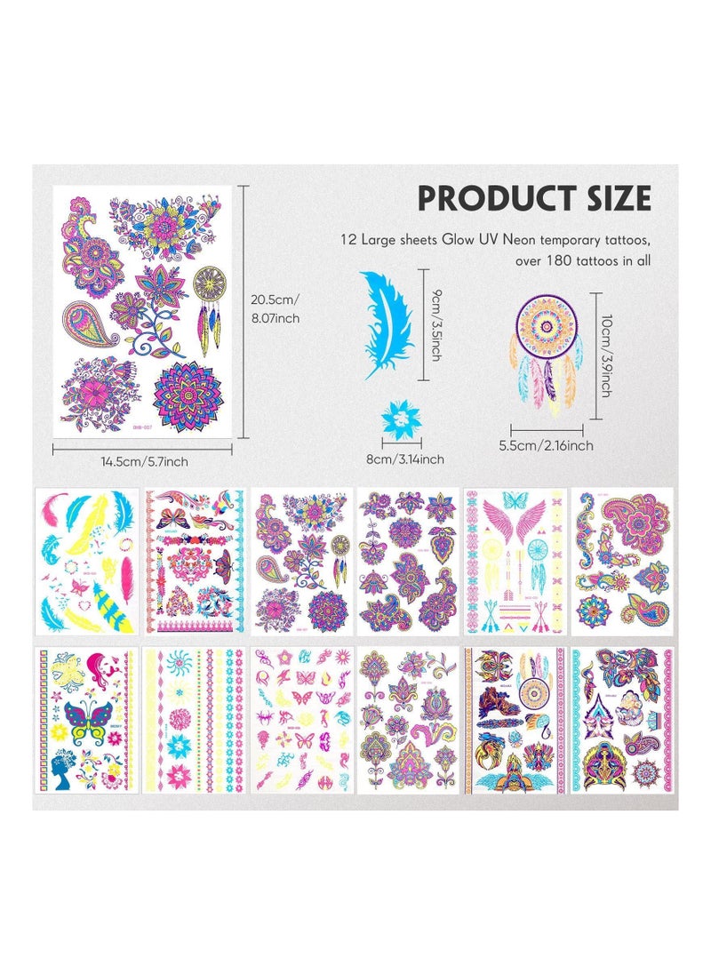12 Sheets Temporary Tattoos, Dark Tattoo Neon Body Face Flowers Butterfly Flash Fake Waterproof UV Blacklight For Women Party Supplies