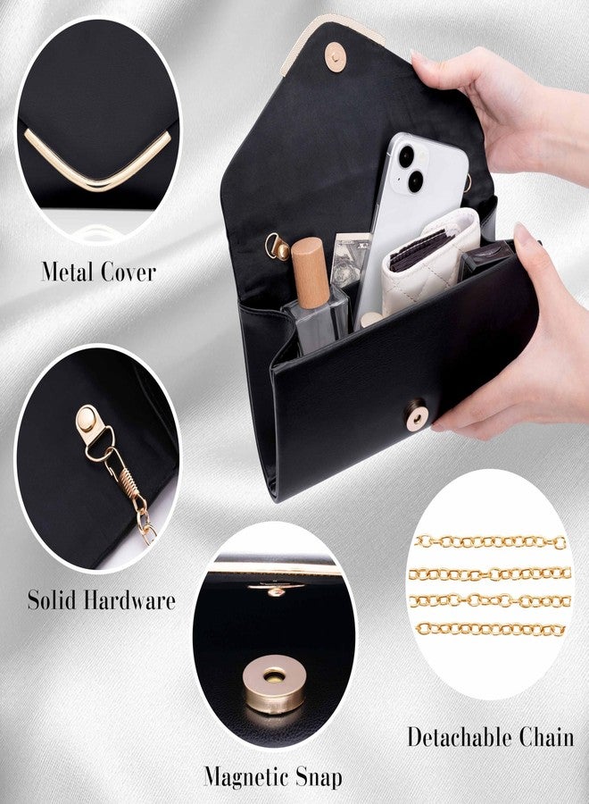 Larcenciel Black Clutch Purse for Women, Trendy Vegan Leather Envelope Evening Bags with Chain, Fashion Party Bags Formal Bride Dress Purse Ladies Crossbody Shoulder Handbag for Wedding Cocktail Prom - Image 4