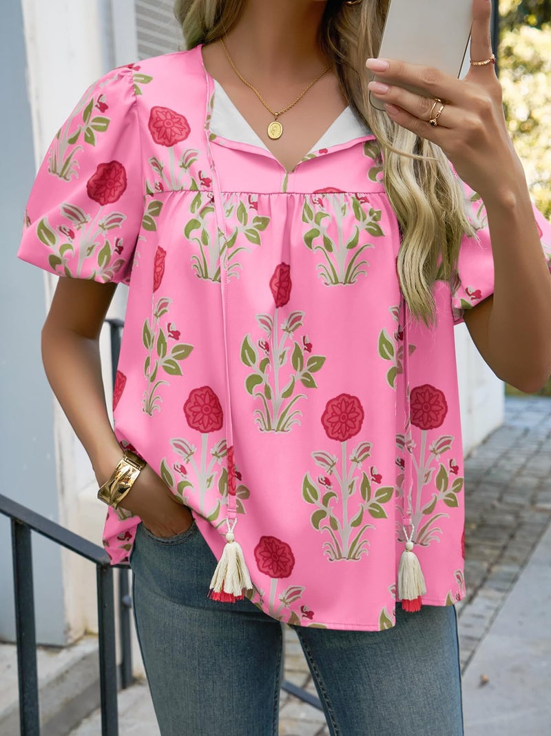 Cicy Bell Womens Boho Floral Blouses Short Puff Sleeve V Neck Babydoll Shirts Flowy Tie Front Tops Pink - Image 2