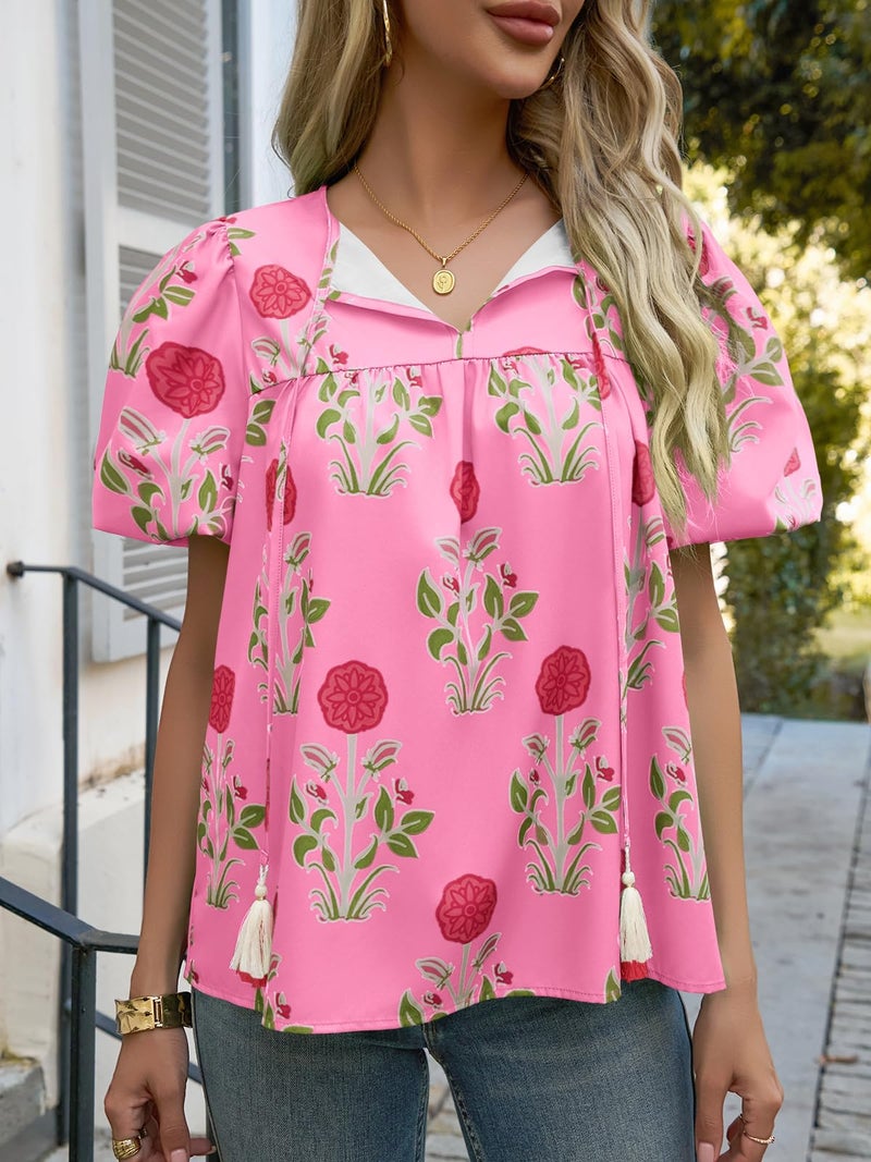 Cicy Bell Womens Boho Floral Blouses Short Puff Sleeve V Neck Babydoll Shirts Flowy Tie Front Tops Pink - Image 4