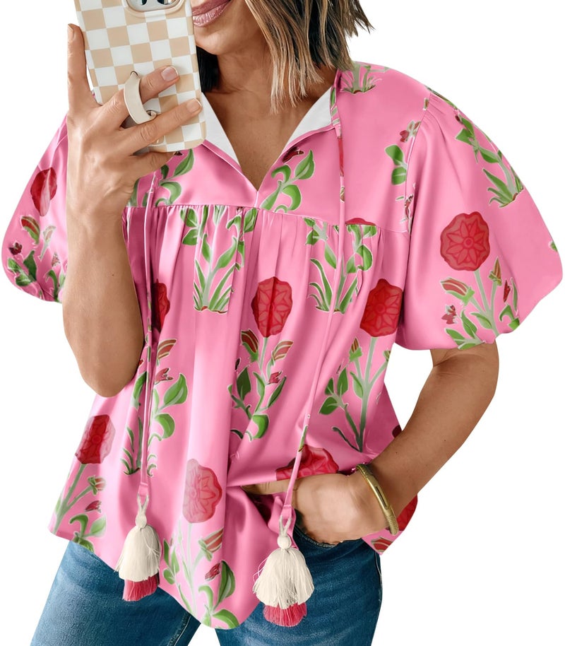 Cicy Bell Womens Boho Floral Blouses Short Puff Sleeve V Neck Babydoll Shirts Flowy Tie Front Tops Pink - Image 1