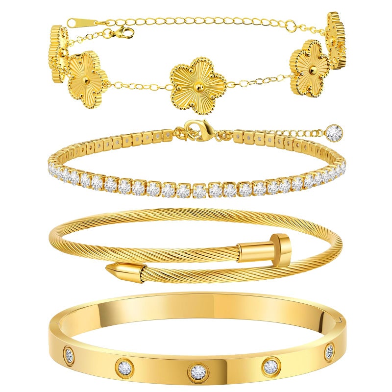 MOINSPIRE 18K Gold Plated Bracelets for Women, Stainless Steel Four Leaf Clover Tennis Nail Love Bangle Bracelets Set, Trendy Stackable Twist Cuff Bracelet Non Tarnish Jewelry Gifts for Christmas - Image 1