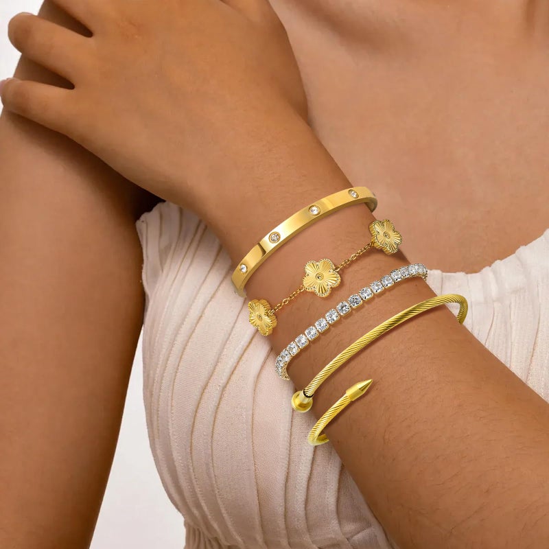 MOINSPIRE 18K Gold Plated Bracelets for Women, Stainless Steel Four Leaf Clover Tennis Nail Love Bangle Bracelets Set, Trendy Stackable Twist Cuff Bracelet Non Tarnish Jewelry Gifts for Christmas - Image 2
