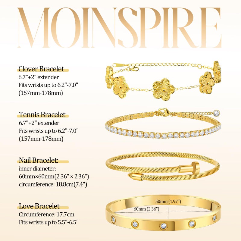 MOINSPIRE 18K Gold Plated Bracelets for Women, Stainless Steel Four Leaf Clover Tennis Nail Love Bangle Bracelets Set, Trendy Stackable Twist Cuff Bracelet Non Tarnish Jewelry Gifts for Christmas - Image 4