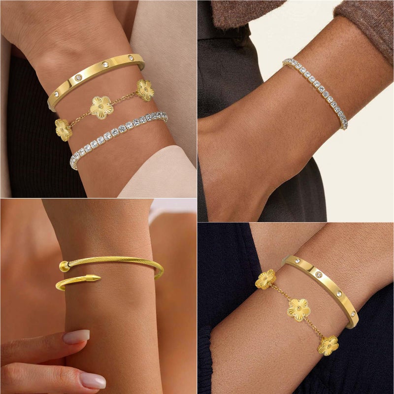MOINSPIRE 18K Gold Plated Bracelets for Women, Stainless Steel Four Leaf Clover Tennis Nail Love Bangle Bracelets Set, Trendy Stackable Twist Cuff Bracelet Non Tarnish Jewelry Gifts for Christmas - Image 3
