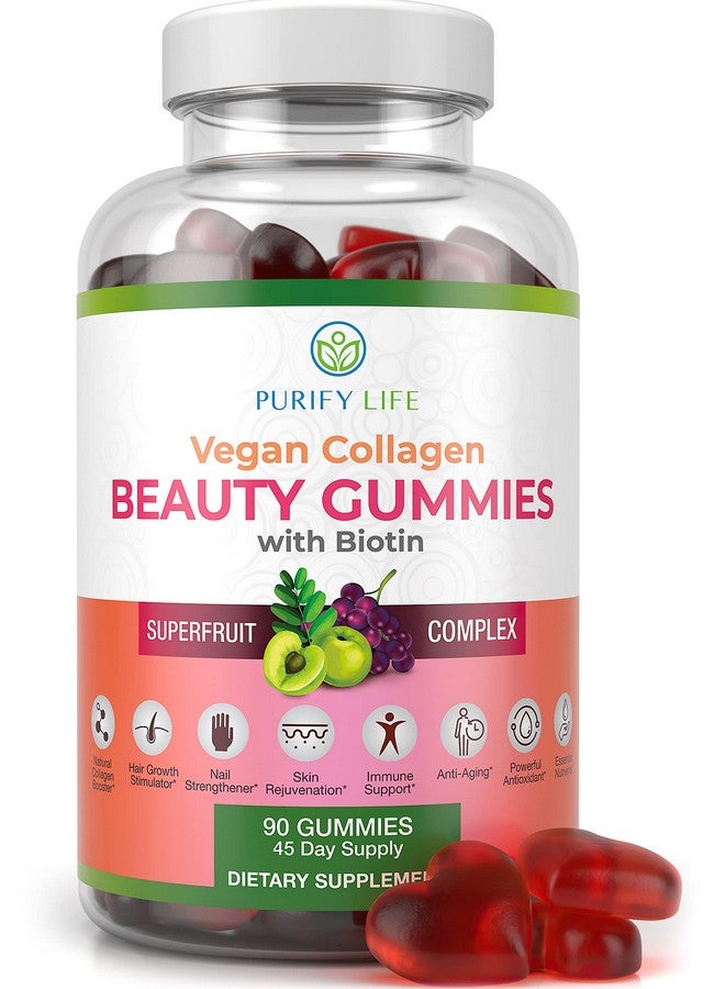 Purify Life جواهر كولاجين نباتية مع فيتامينات البيوتين لصحة الشعر والبشرة والأظافر مضادة للشيخوخة (90 مضغوط) معزز كولاجين مع مركب سوبر فواكه مع ريسفيراترول فيتامين أ هـ ج استبدال الكبسولات والحبوب - Image 1