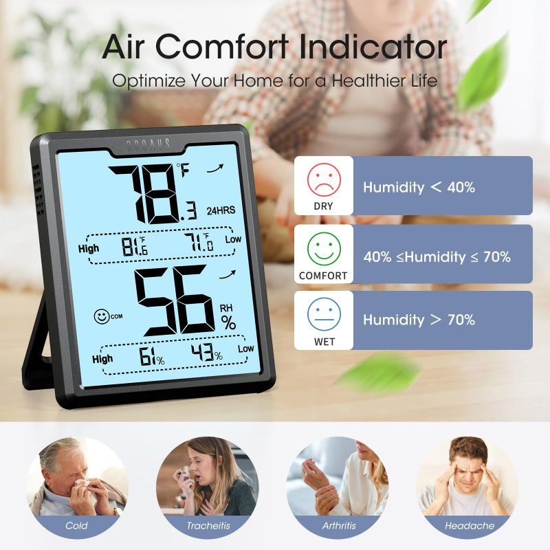 DOQAUS Digital Hygrometer Room Thermometer Indoor, Humidity Meter with Large LCD Display, Backlight Temperature Humidity Monitor with Max Min Records, Black - Image 5