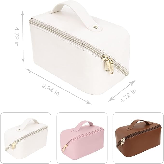 MS Export Large Capacity Travel Cosmetic Bag with Handle and Divider – Waterproof PU Leather Makeup Organizer for Women & Girls, Zipper Toiletry Case with Compartments, Brown (Cream) - Image 2