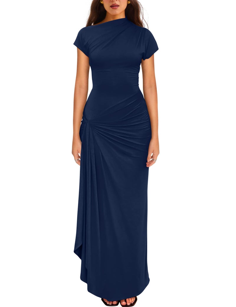 YMDUCH Women's Casual Short Sleeve Boat Neck Ruched High Split Bodycon Long Formal Dress Navy - Image 1