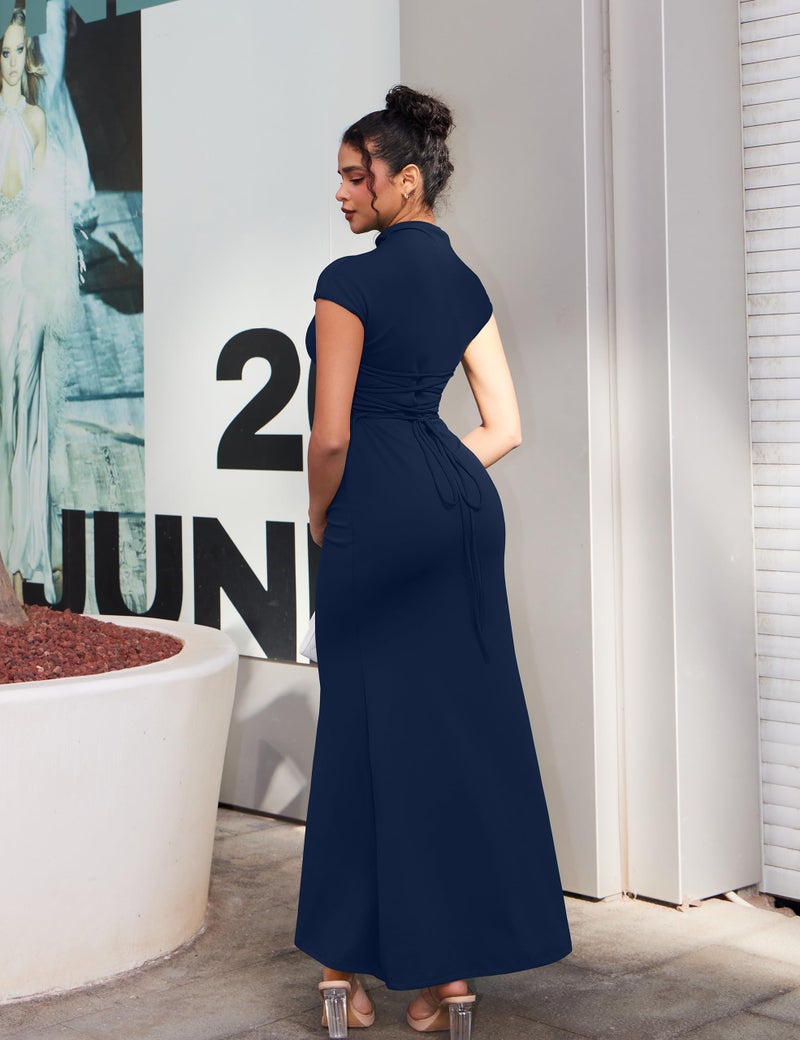 YMDUCH Women's Casual Short Sleeve Boat Neck Ruched High Split Bodycon Long Formal Dress Navy - Image 2