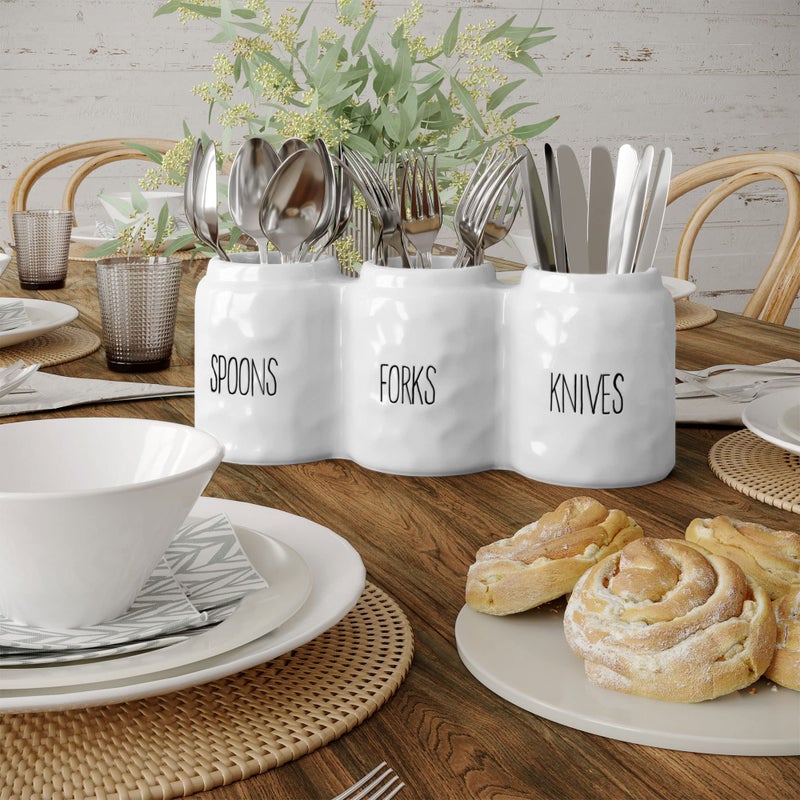 Barnyard Designs Silverware Caddy for Countertop - Cutlery Organizer for Spoon, Fork, and Knife - Ceramic Utensil Holder for Flatware or Plasticware - Perfect for Parties - 12.5â€ x 4.25â€ x 5â€ (White) - Image 2