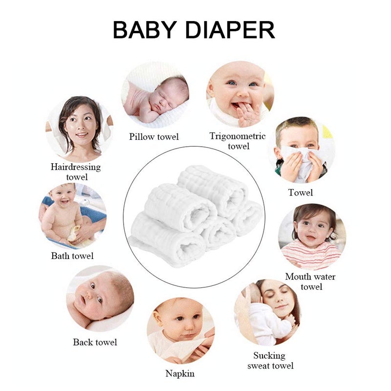 Tnfeeon 5 Pcs Baby Newborn Cotton Diaper Breathable Nappy Diapers Newborn Multifunction Washable Reusable Bath Hairdressing Towel for Children Infant ToddlersWhite - Image 2