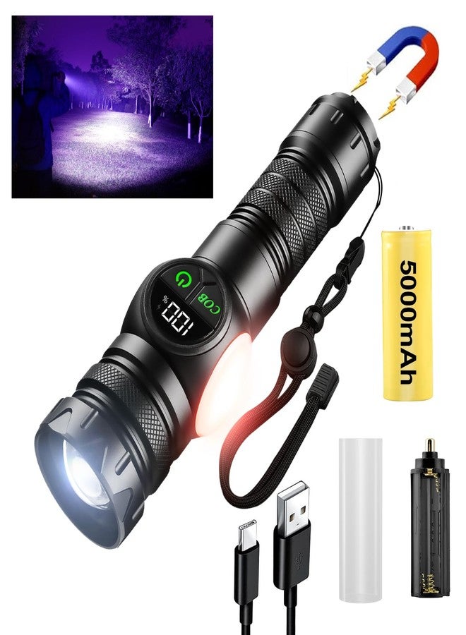 iodoo 4 in 1 Rechargeable 6500K / 395nm UV Flashlight Dimming Stepless True 5000 Lumens IP45 Zoomable Beam UV Light, 5000mAh Halloween LED Flash Light with Magnet Power Failure - Image 1