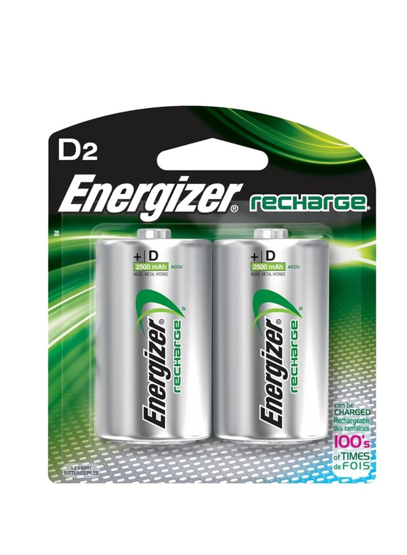 Energizer بطاريات إنرجايزر القابلة لإعادة الشحن من نوع D (Nimh، 2500 مللي أمبير) - عبوة 2، فضي، Nh50Bp-2 متعدد الألوان
