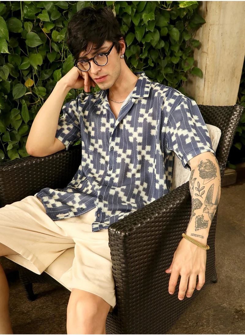 كامبوس سوترا Campus Sutra Men's Prussian Blue Dice Mesh Oversized Shirt For Casual Wear | Cuban Collar | Short Sleeve | Button Closure | Oversized Shirt Crafted With Comfort Fit For Everyday Wear