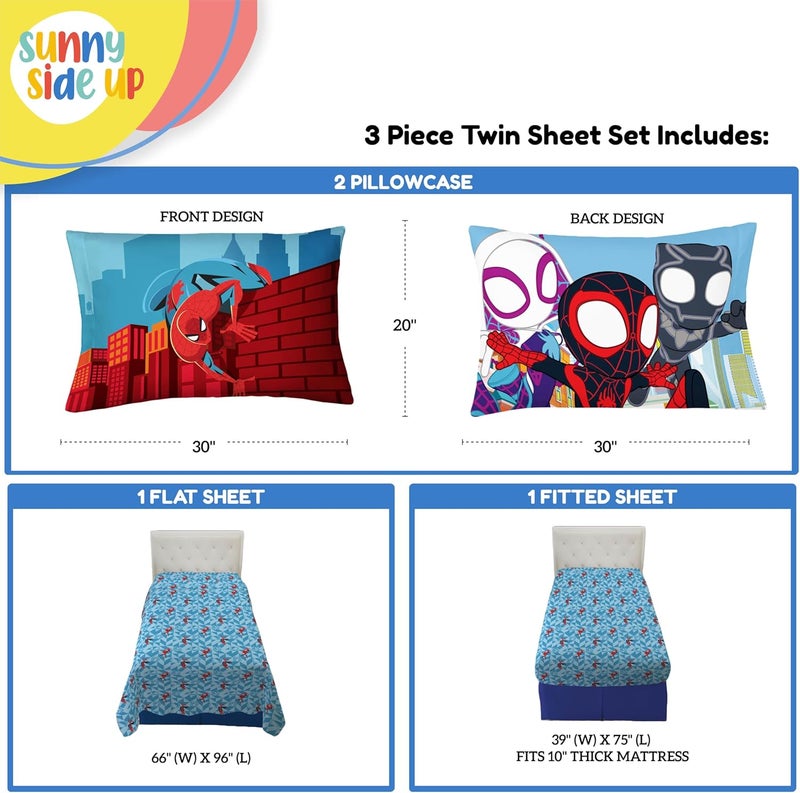 Sunny Side Up Kids Sheet Set Includes Sheets and Pillow Cover - 100% Microfiber Bedding and Room Decor, Blue - Spiderman, 3 Piece Twin - Image 2