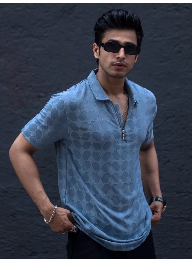مانياك تيشيرت رجالي بياقة بولو مضلع بأكمام 3/4 وسحاب نصفي من مزيج القطن والليكرا أزرق