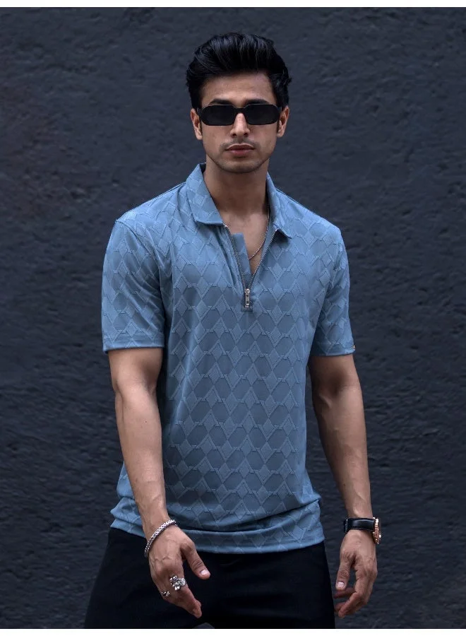 مانياك تيشيرت رجالي بياقة بولو مضلع بأكمام 3/4 وسحاب نصفي من مزيج القطن والليكرا أزرق