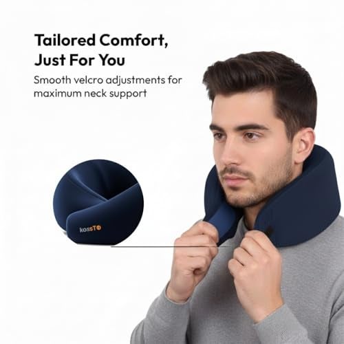 kossto Travel Neck Pillow - 100% Memory Foam Neck Support Pillow for Flight Travel, Adjustable Velcro Straps Includes Eye Mask & Noise Isolating Ear Plugs with Free Travel Pouch | Navy Blue Velvet - Image 3