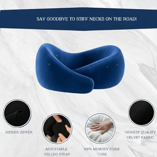 kossto Travel Neck Pillow - 100% Memory Foam Neck Support Pillow for Flight Travel, Adjustable Velcro Straps Includes Eye Mask & Noise Isolating Ear Plugs with Free Travel Pouch | Navy Blue Velvet - Image 2