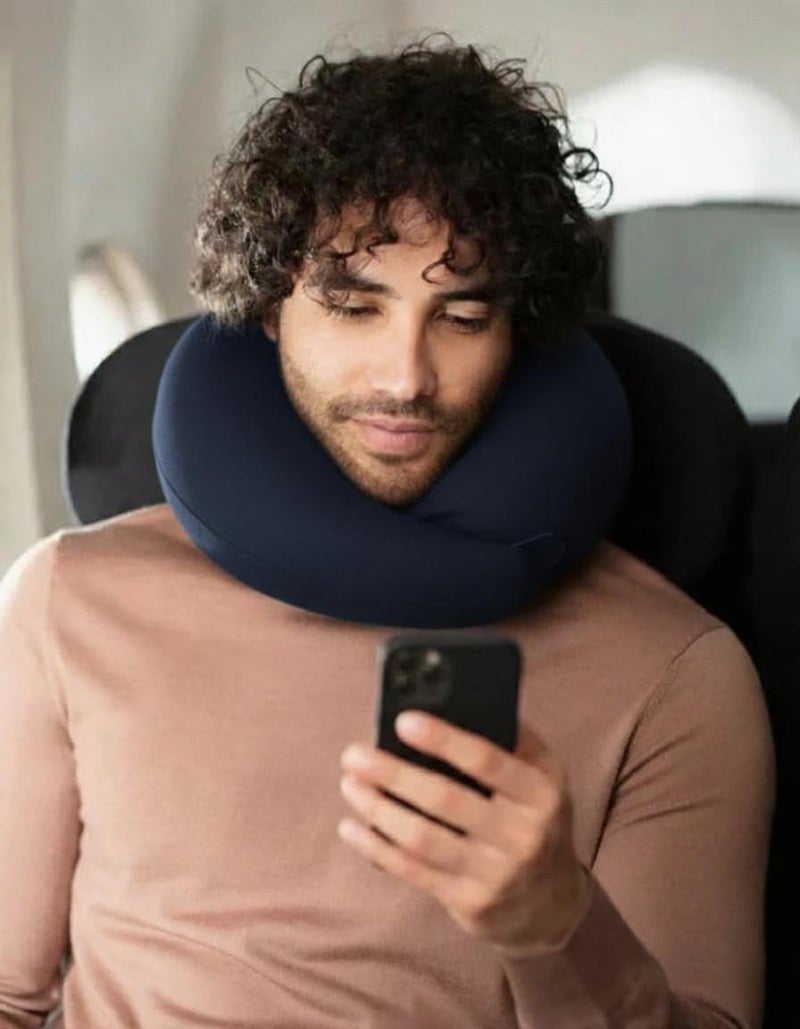 kossto Travel Neck Pillow - 100% Memory Foam Neck Support Pillow for Flight Travel, Adjustable Velcro Straps Includes Eye Mask & Noise Isolating Ear Plugs with Free Travel Pouch | Navy Blue Velvet - Image 4