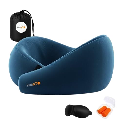 kossto Travel Neck Pillow - 100% Memory Foam Neck Support Pillow for Flight Travel, Adjustable Velcro Straps Includes Eye Mask & Noise Isolating Ear Plugs with Free Travel Pouch | Navy Blue Velvet - Image 1