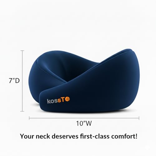 kossto Travel Neck Pillow - 100% Memory Foam Neck Support Pillow for Flight Travel, Adjustable Velcro Straps Includes Eye Mask & Noise Isolating Ear Plugs with Free Travel Pouch | Navy Blue Velvet - Image 5