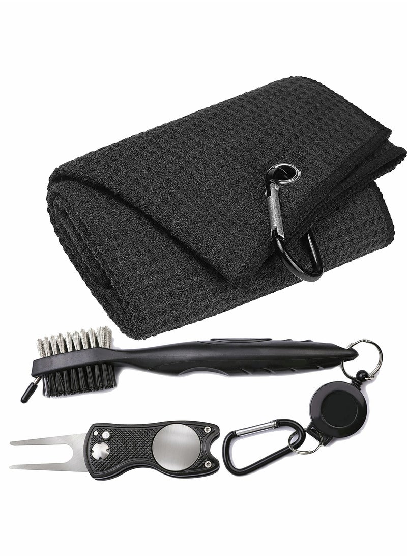 SYOSI - Microfiber Waffle Pattern Tri-fold Golf Towel (16" x 24")| Golf Club Brush| Golf Divot Tool| Black Golf Towel Set| Suitable for Golf Lovers| Golf Accessories for Men - Image 1