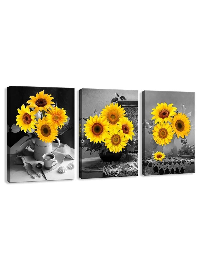 مؤسسة فكرة اليوم فكرة اليوم لوحة فنية من قماش عباد الشمس | مجموعة مؤطرة مكونة من 3 قطع | مثالي لغرفة المعيشة أو غرفة النوم أو المطبخ أو ديكور المكتب (12 × 16 بوصة) - Image 1