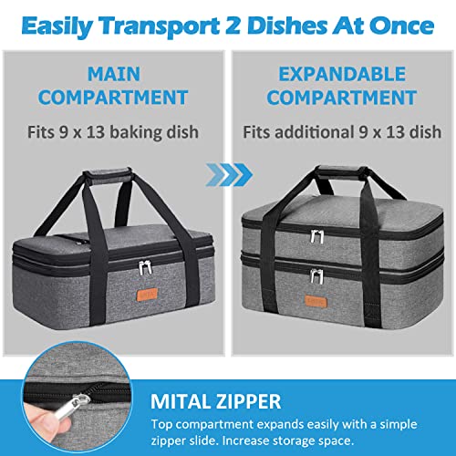 LHZK Insulated Casserole Carrier - Expandable Holder Tote for Hot or Cold Food, Fits 11 x 15 or 9 x 13 Baking Dishes - For Potlucks, Picnics, Beach (Grey) - Image 3
