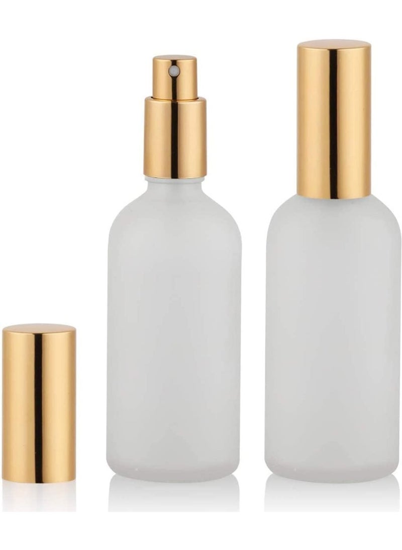 2 Pcs 100ml Frosted Glass Spray Bottles, Refillable Mist Sprayer with Cap, Leak Proof Portable Travel Bottles for Perfume, Essential Oils, Toner, Hair Spray, Gold - Image 1