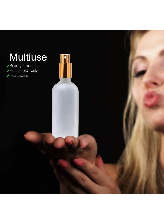 2 Pcs 100ml Frosted Glass Spray Bottles, Refillable Mist Sprayer with Cap, Leak Proof Portable Travel Bottles for Perfume, Essential Oils, Toner, Hair Spray, Gold - Image 3