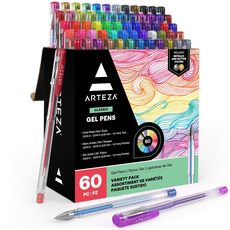 ARTEZA Gel Pens Colored Set of 60, Fine Point Pens for Journaling and Coloring, Vibrant Ink Pens for Adults - Image 1