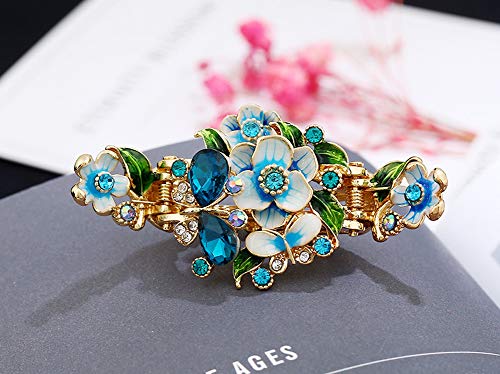 Suoirblss Rhinestone Metal Hair Claw on Dual Spring Vintage Enamel Painted Flowers Shiny Crystals Headdress Hair Clips Alloy Crab Clips Hair Accessories (Blue) - Image 3