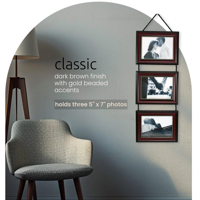 كيرا جريس Kiera Grace Lucy Collage Frame Frame Frame مع 3 إطارات يحمل ثلاثة أفقي 5 "" × 7 "صور إطار صورة الحائط مع حبل معلقة إطار متين لعرض الصور 9.25" × 7.25 "" بني داكن - Image 2
