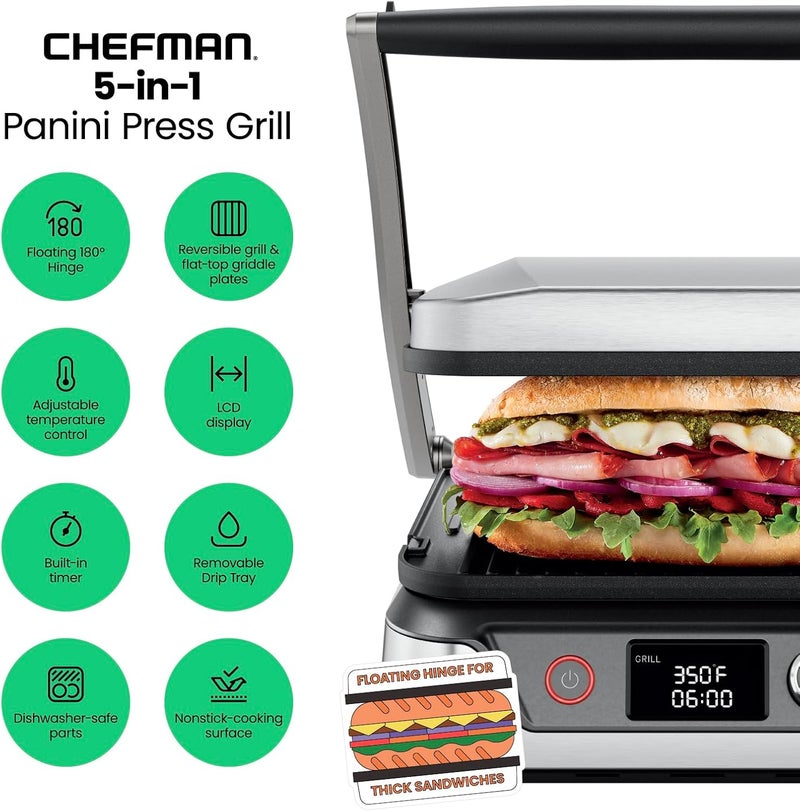 Chefman 5-in-1 Digital Panini Press Grill Sandwich Maker and Griddle Grill Combo with Removable, Reversible Dishwasher-Safe Grilling Plates, Opens 180° for Indoor BBQ /Flat Top Grill, Stainless steel - Image 2