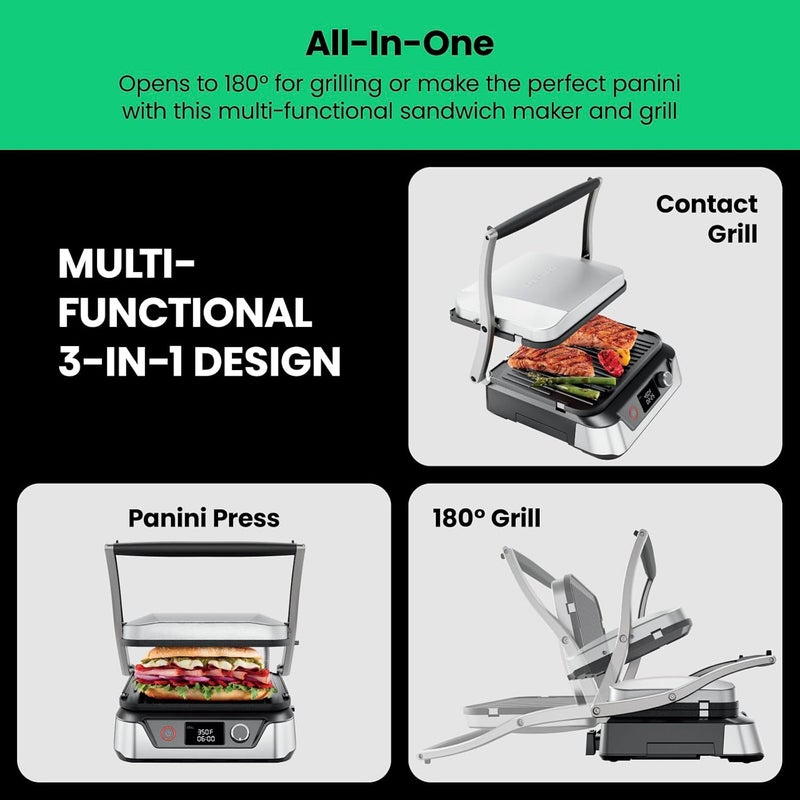 Chefman 5-in-1 Digital Panini Press Grill Sandwich Maker and Griddle Grill Combo with Removable, Reversible Dishwasher-Safe Grilling Plates, Opens 180° for Indoor BBQ /Flat Top Grill, Stainless steel - Image 3