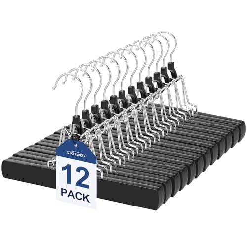 TOPIA HANGER 12 Pack Wooden Pants Hangers Hair Extension Hangers Non Slip Skirt Hanger Wood Clamp with Velvet Padded 360 Swivel Hook for Jeans Skirts Trousers Wigs CT67B - Image 1