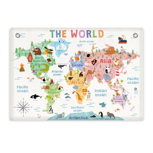 XFN World Map Banner Playroom Decor Wall Hanging Playroom Wall Decor Educational Banner Flag Cute Cartoon Animal Wall Flag Nursery Bedroom Toddler Room Decor Classroom Decorations Banner for Room - Image 1