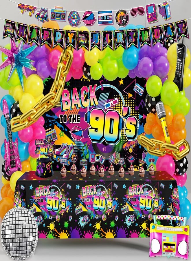 Fayoo 90s Party Decorations 80s Disco Theme Birthday Party Supplies with Back to the 90's Backdrop Tablecloth Happy Birthday Banner 90s Balloon Arch Kit and Cake Toppers - Image 1