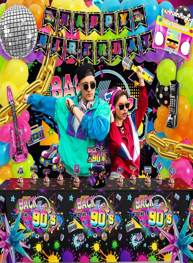 Fayoo 90s Party Decorations 80s Disco Theme Birthday Party Supplies with Back to the 90's Backdrop Tablecloth Happy Birthday Banner 90s Balloon Arch Kit and Cake Toppers - Image 5