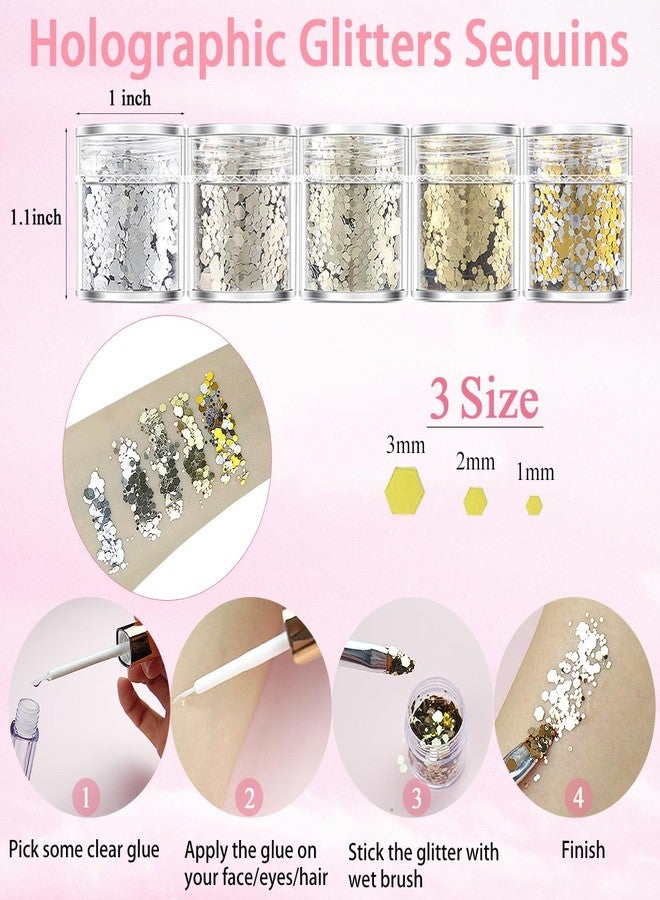 LOIKMIUP Hair Face Gems Rhinestones with Makeup Glue, Flat Back Colorful Jewels Crystal Half Round Pearl Gold Holographic Glitters Sequins Kit, Wax Pencil Tweezer and Brush For Face Eye Hair Body Makeup - Image 5