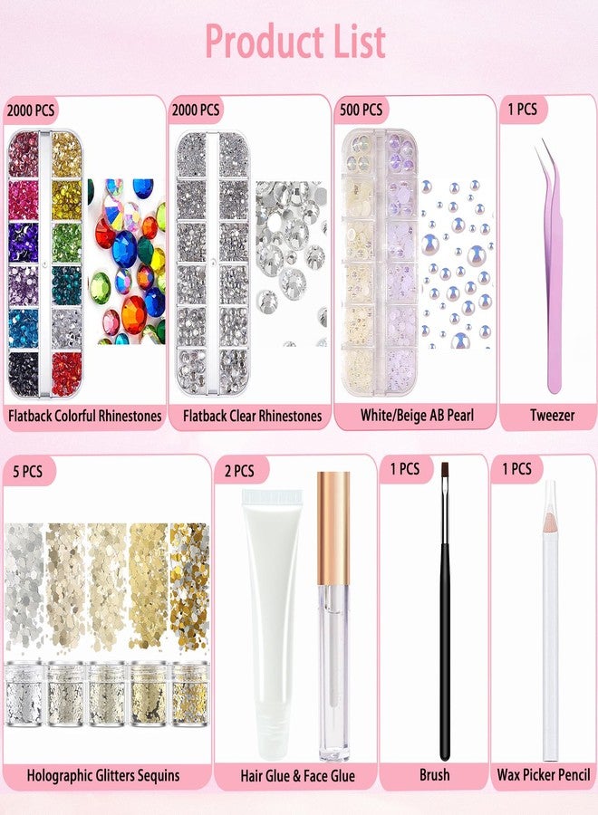LOIKMIUP Hair Face Gems Rhinestones with Makeup Glue, Flat Back Colorful Jewels Crystal Half Round Pearl Gold Holographic Glitters Sequins Kit, Wax Pencil Tweezer and Brush For Face Eye Hair Body Makeup - Image 3