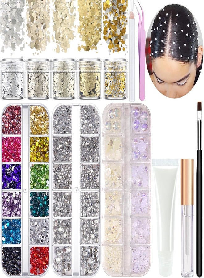 LOIKMIUP Hair Face Gems Rhinestones with Makeup Glue, Flat Back Colorful Jewels Crystal Half Round Pearl Gold Holographic Glitters Sequins Kit, Wax Pencil Tweezer and Brush For Face Eye Hair Body Makeup - Image 1