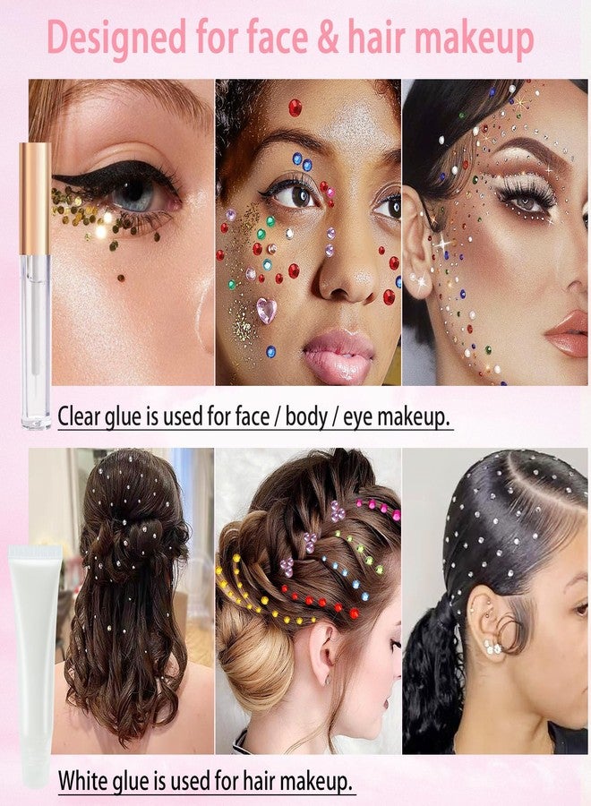 LOIKMIUP Hair Face Gems Rhinestones with Makeup Glue, Flat Back Colorful Jewels Crystal Half Round Pearl Gold Holographic Glitters Sequins Kit, Wax Pencil Tweezer and Brush For Face Eye Hair Body Makeup - Image 2