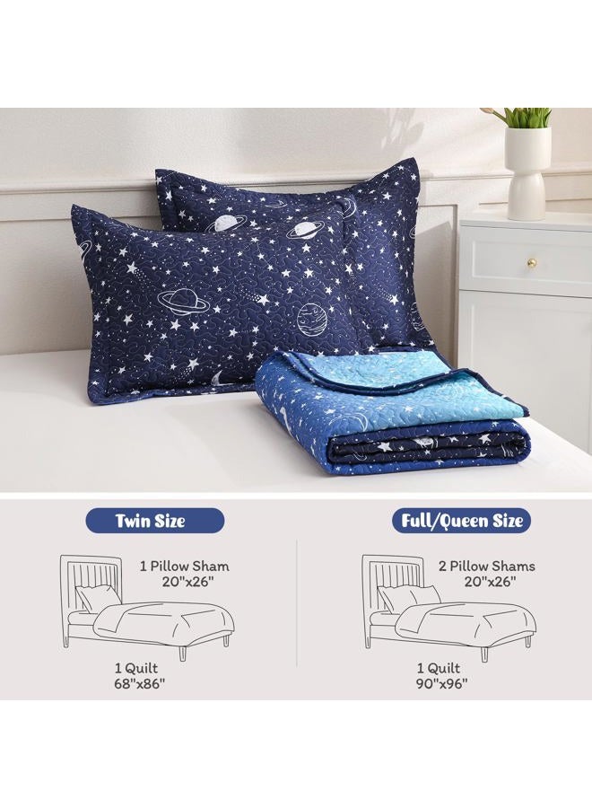 JSD Blue Stars Kids Quilt Set Full/Queen, 3 Piece Space Theme Boys Printed Bedspread Coverlet with Pillow Sham Quilted Blanket - Image 2