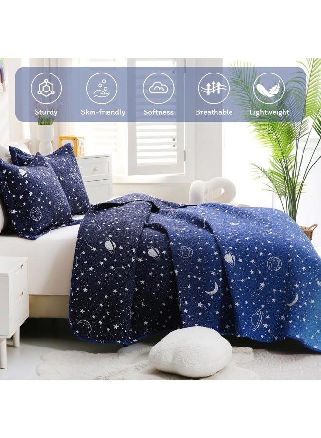 JSD Blue Stars Kids Quilt Set Full/Queen, 3 Piece Space Theme Boys Printed Bedspread Coverlet with Pillow Sham Quilted Blanket - Image 5